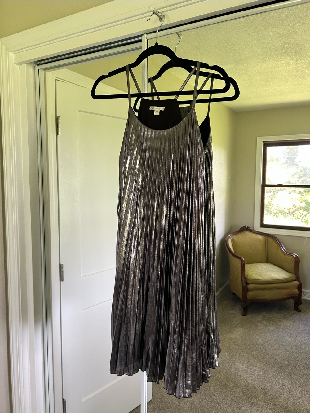 Metallic Pleated Silver Slip Dress